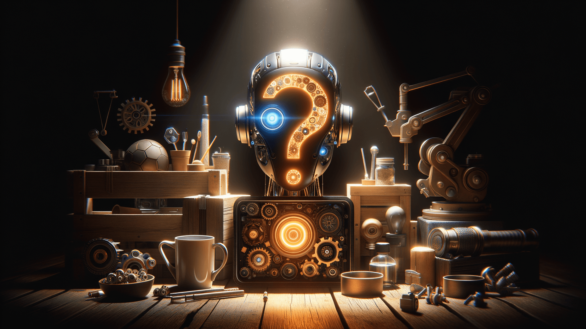This image showcases the concept of AI's transformative role in industries and its impact on businesses. It portrays a robotic, mechanical theme symbolizing the integration of AI into human problem-solving and industrial tools.